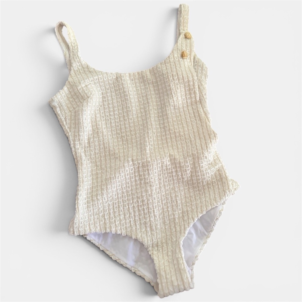 Normaillot White Textured One Piece Swimsuit Faux Apron Overlay Coastal Womens